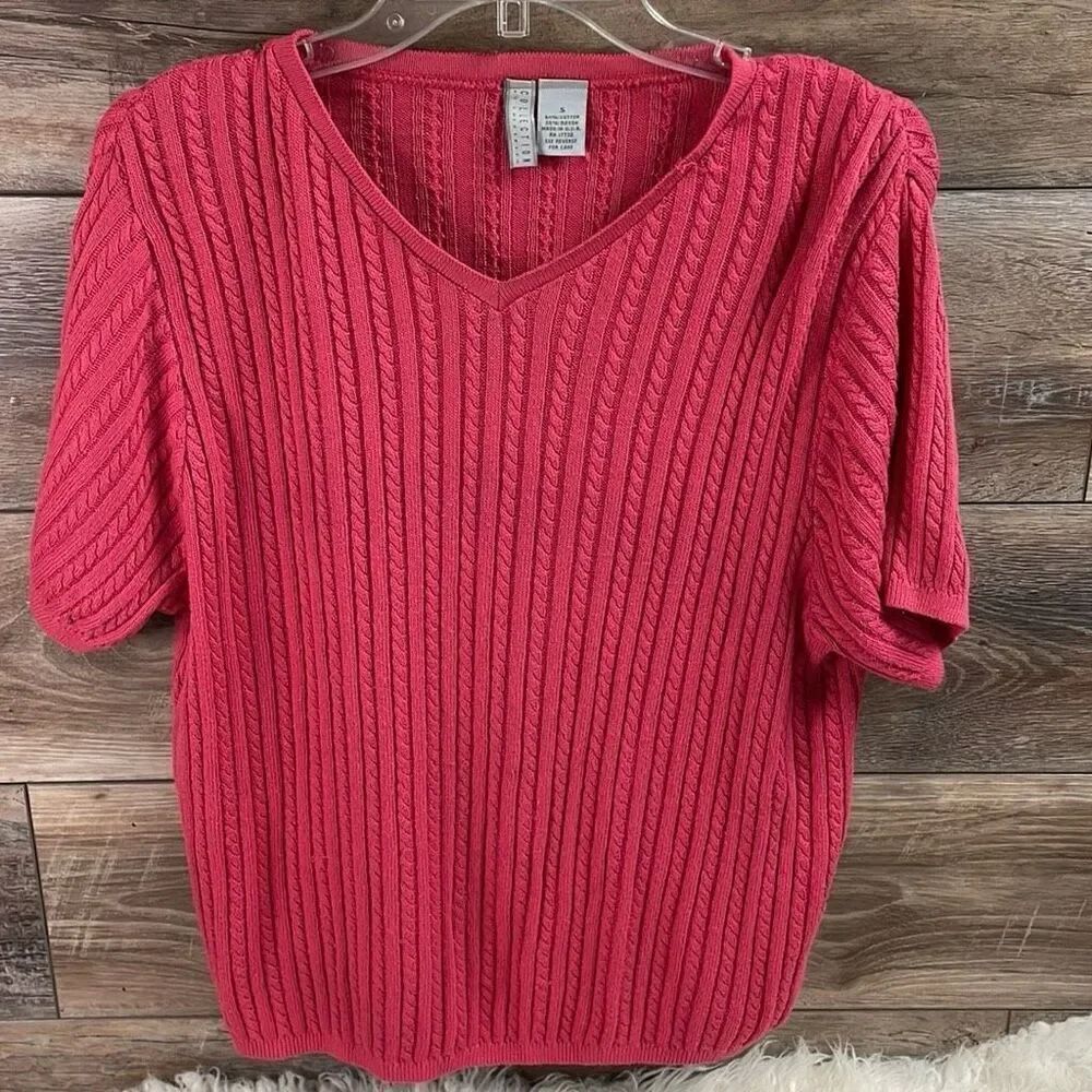 COLLECTION by CHEROKEE Womens Short Sleeve Vneck Ribbed Textured Sweater Size S